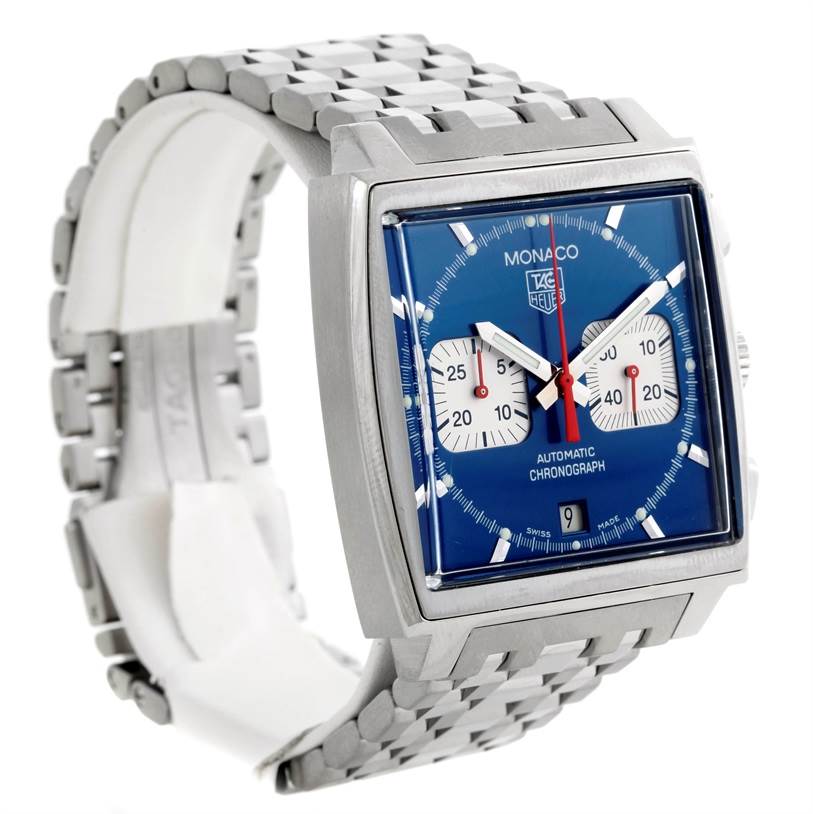 The image shows a Tag Heuer Monaco CW2113 Men's Stainless Steel Blue Dial CW2113 Men's Stainless Steel Blue Dial watch angled front-left, highlighting its square dial, stainless steel case, and bracelet.