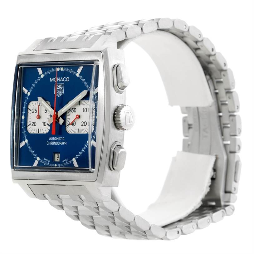 The image shows a side view of the Tag Heuer Monaco CW2113 Men's Stainless Steel Blue Dial CW2113 Men's Stainless Steel Blue Dial watch, highlighting its square face, dial, crown, and metal strap.