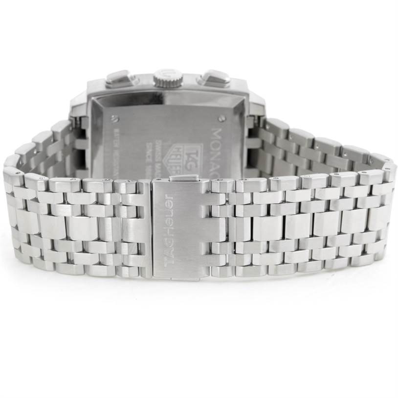 The image shows the back view of the Tag Heuer Monaco CW2113 Men's Stainless Steel Blue Dial CW2113 Men's Stainless Steel Blue Dial watch, focusing on its clasp and metal bracelet.