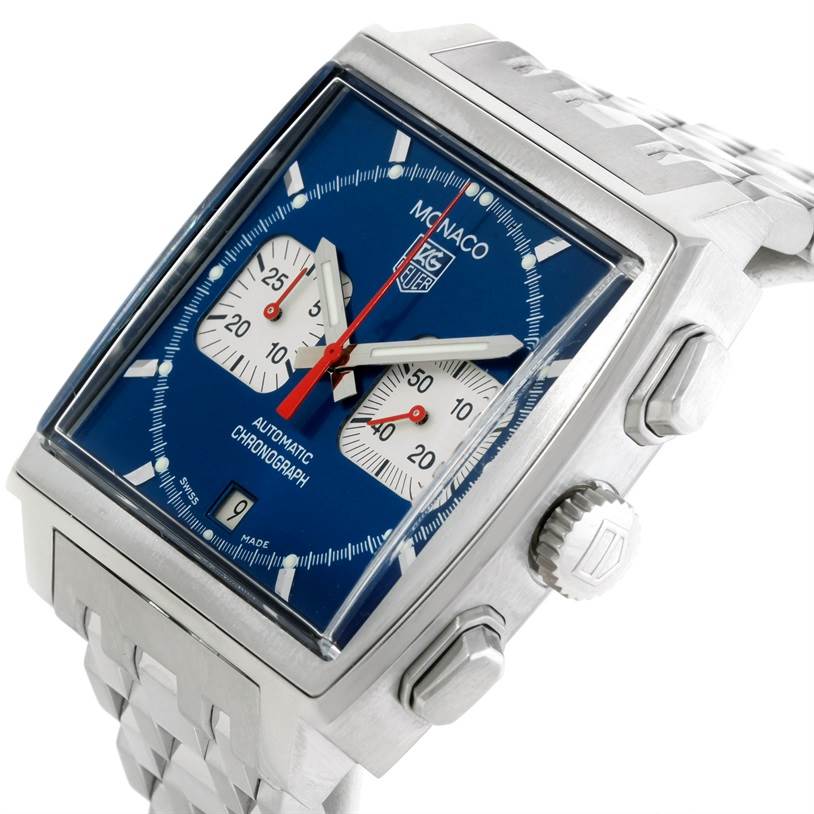 The image shows a close-up, angled view of the Tag Heuer Monaco CW2113 Men's Stainless Steel Blue Dial CW2113 Men's Stainless Steel Blue Dial watch, highlighting its face, crown, and part of the bracelet.
