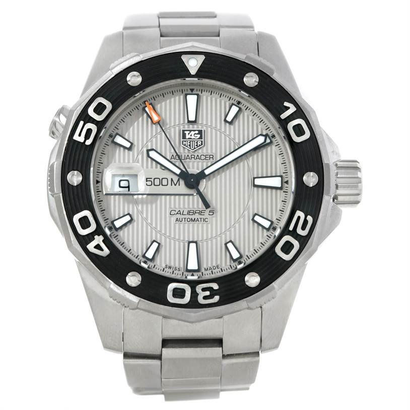 The image shows a front view of a Tag Heuer Aquaracer WAJ2111 Men's Stainless Steel Grey Dial WAJ2111 Men's Stainless Steel Grey Dial watch, displaying the dial and bezel clearly.
