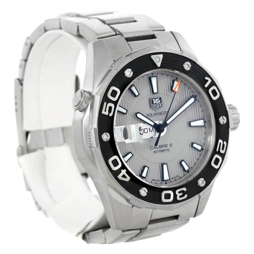 The image shows the front and side angle of a Tag Heuer Aquaracer WAJ2111 Men's Stainless Steel Grey Dial WAJ2111 Men's Stainless Steel Grey Dial watch, displaying the face, bezel, and metallic band.