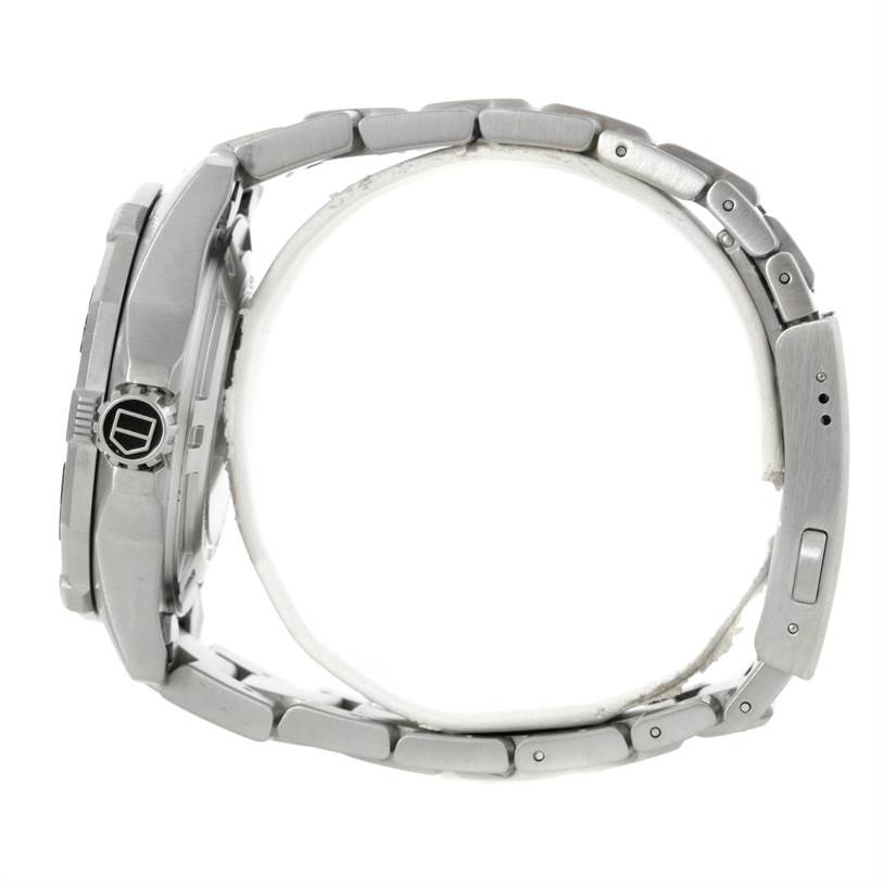 The image shows a side view of the Tag Heuer Aquaracer WAJ2111 Men's Stainless Steel Grey Dial WAJ2111 Men's Stainless Steel Grey Dial watch, featuring the crown and bracelet links.