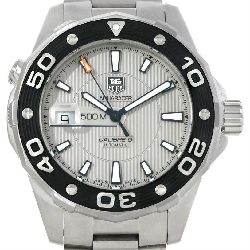 The image shows a front view of the Tag Heuer Aquaracer WAJ2111 Men's Stainless Steel Grey Dial WAJ2111 Men's Stainless Steel Grey Dial watch, highlighting the dial, bezel, hands, and date window.