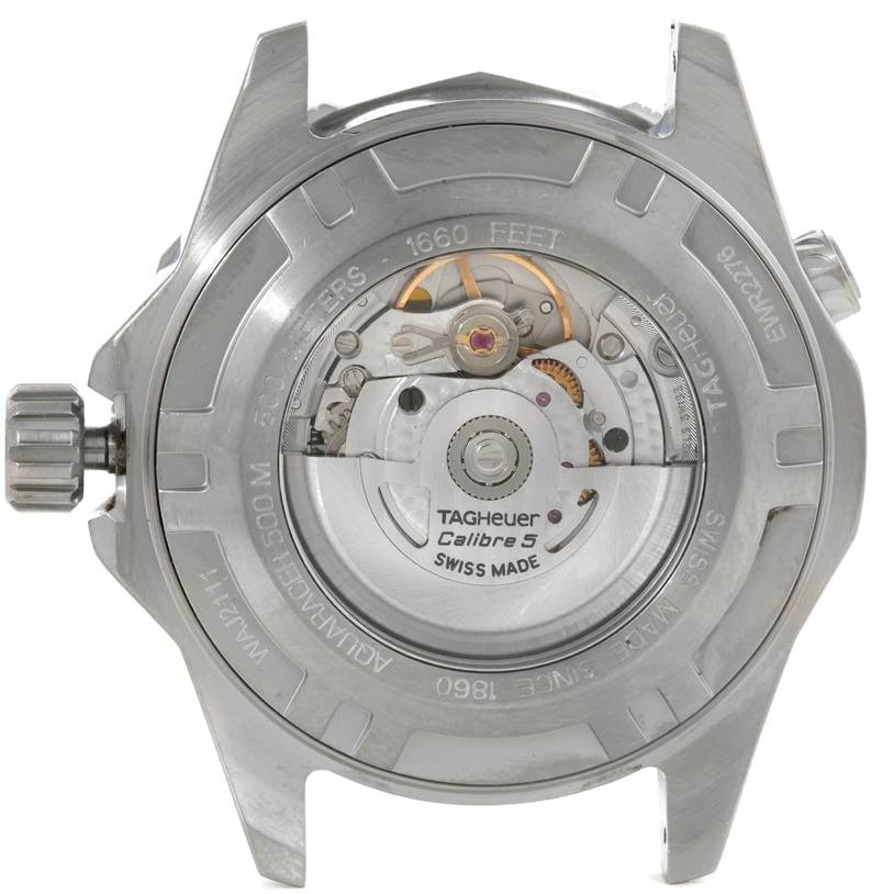 This image shows the back view of a Tag Heuer Aquaracer WAJ2111 Men's Stainless Steel Grey Dial WAJ2111 Men's Stainless Steel Grey Dial watch showcasing its Calibre 5 Swiss Made automatic movement.