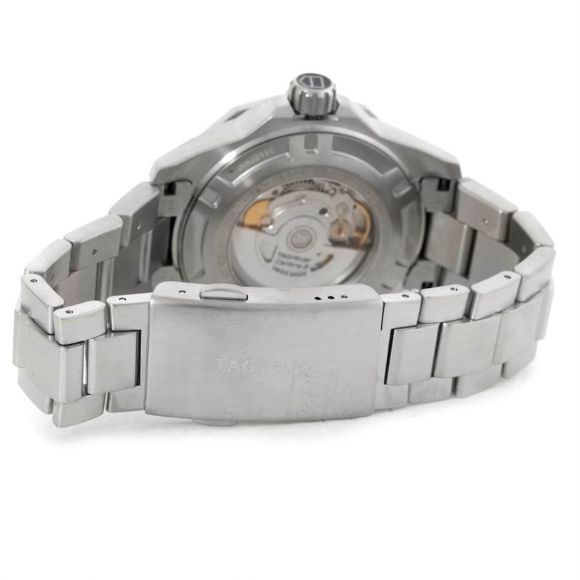 The image shows the back view of the Tag Heuer Aquaracer WAJ2111 Men's Stainless Steel Grey Dial WAJ2111 Men's Stainless Steel Grey Dial watch, highlighting its clasp and open case back.