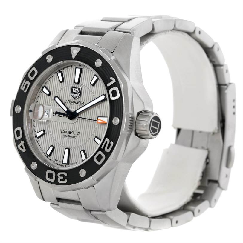 The image shows a close-up side angle of a Tag Heuer Aquaracer WAJ2111 Men's Stainless Steel Grey Dial WAJ2111 Men's Stainless Steel Grey Dial watch, displaying the dial, bezel, case, crown, and bracelet.