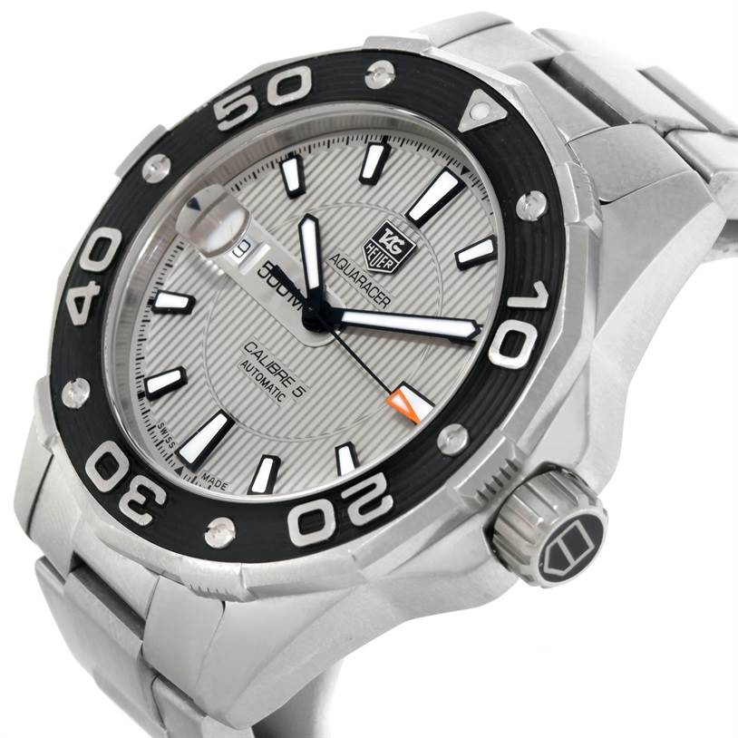 The Tag Heuer Aquaracer WAJ2111 Men's Stainless Steel Grey Dial WAJ2111 Men's Stainless Steel Grey Dial watch is shown at a slight angle, displaying the dial, bezel, crown, and part of the stainless steel bracelet.