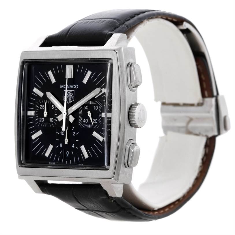 The image shows a side view angle of the Tag Heuer Monaco CW2111 Men
s Stainless Steel Black Dial CW2111 Men
s Stainless Steel Black Dial watch, highlighting its square dial, crown, pushers, and black leather strap.