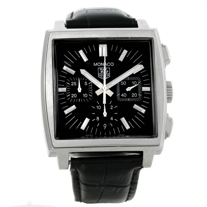 The image shows the Tag Heuer Monaco CW2111 Men
s Stainless Steel Black Dial CW2111 Men
s Stainless Steel Black Dial watch from a front angle, highlighting the dial, hands, square case, and strap.