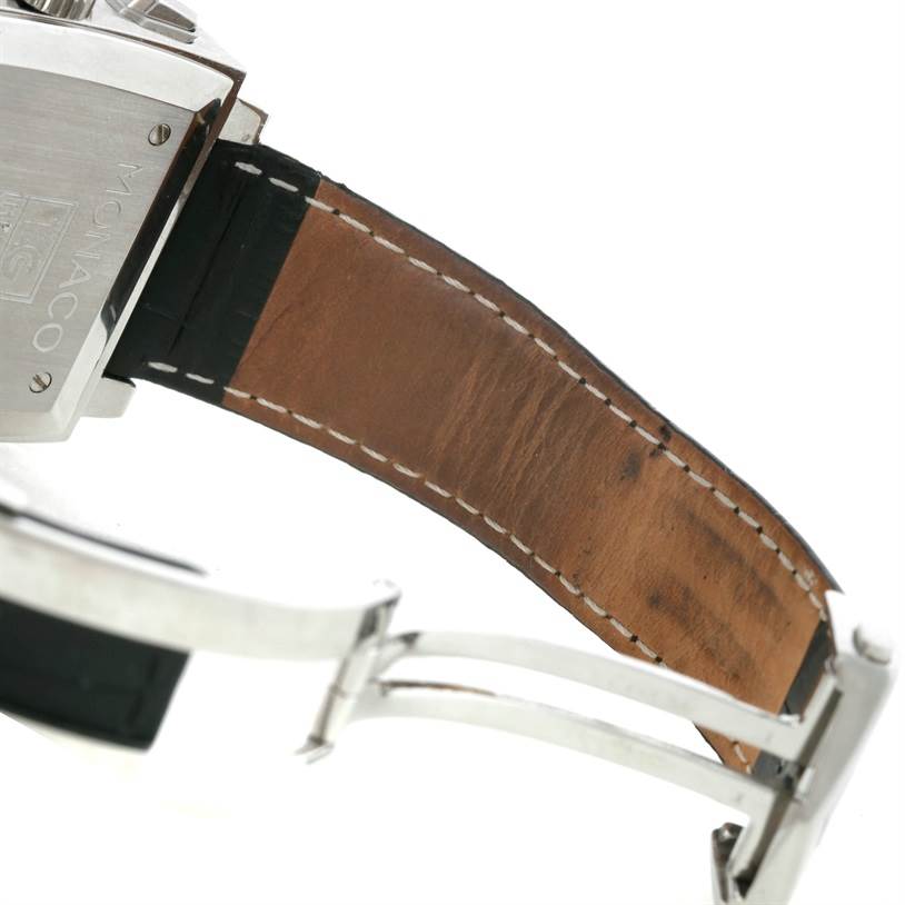 This image shows the clasp and leather strap of a Tag Heuer Monaco CW2111 Men
s Stainless Steel Black Dial CW2111 Men
s Stainless Steel Black Dial watch from a close-up angle.