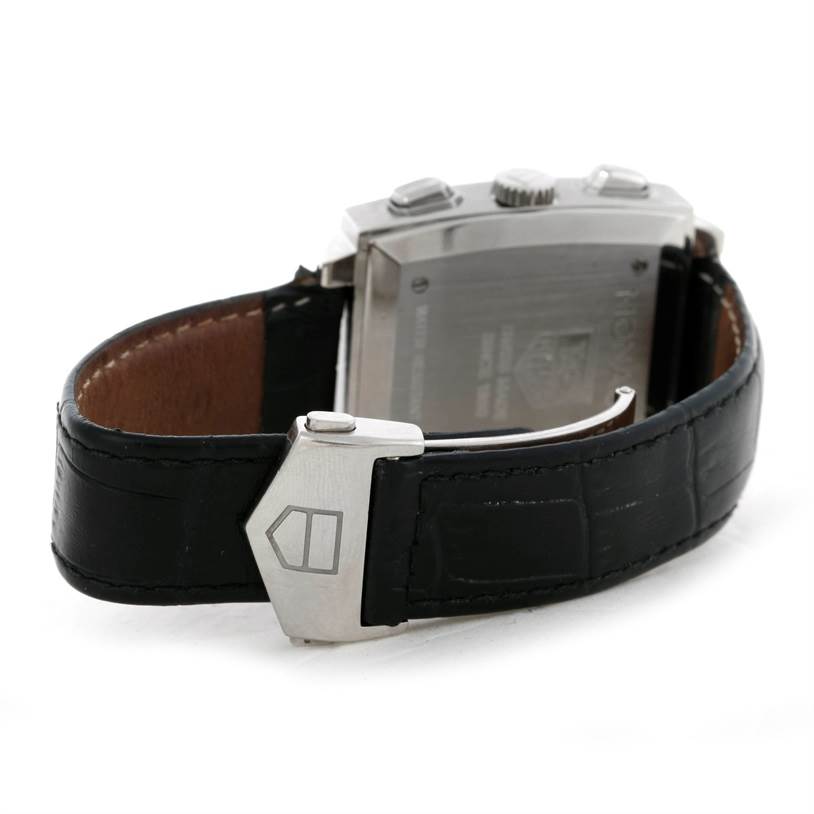 This image shows the back and clasp of the Tag Heuer Monaco CW2111 Men
s Stainless Steel Black Dial CW2111 Men
s Stainless Steel Black Dial watch at an angled view.