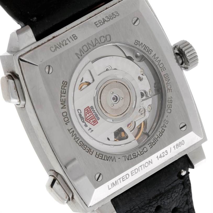 This image shows the back case of the Tag Heuer Monaco Limited Edition watch, highlighting the movement and limited edition number.