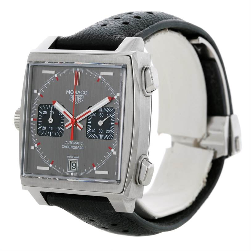 The image shows a front and side view of the Tag Heuer Monaco Limited Edition watch with a black leather strap and square case.
