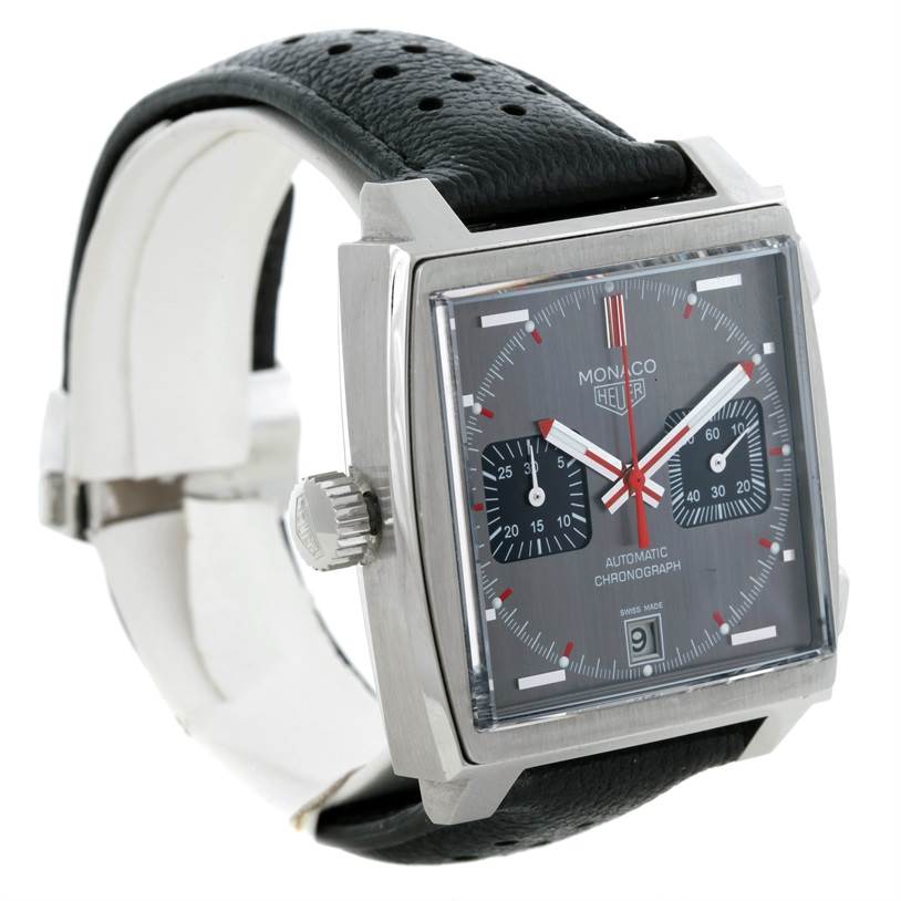 The image shows a left-side view of a TAG Heuer Monaco Limited Edition watch, highlighting the crown, square case, and black leather strap.