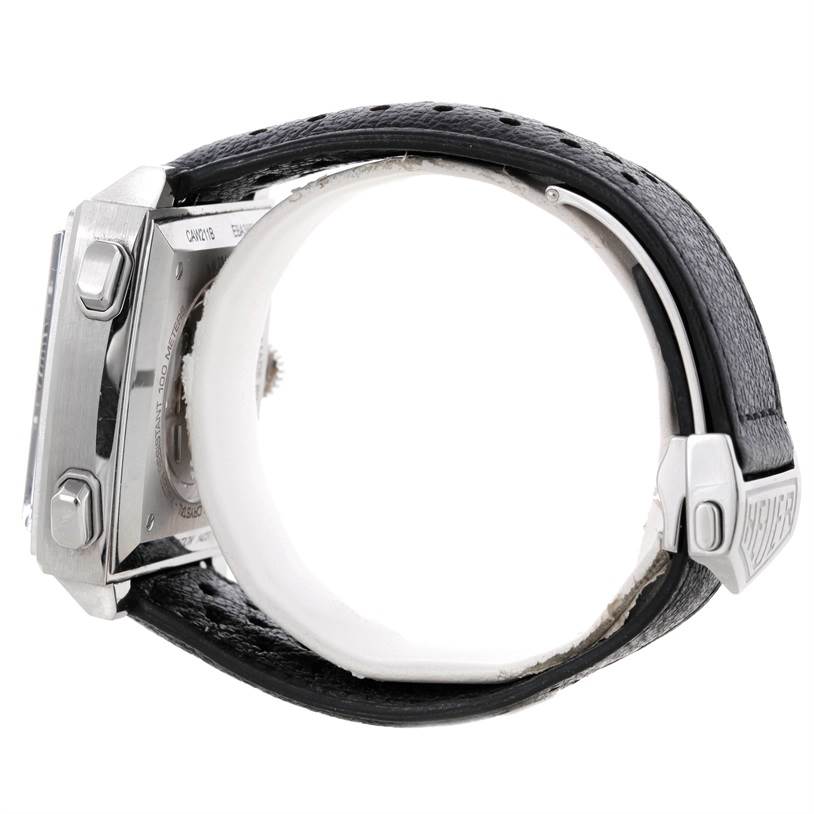 The image shows a side view of the Limited Edition Tag Heuer watch, highlighting the case, buttons, and black leather strap with a clasp.