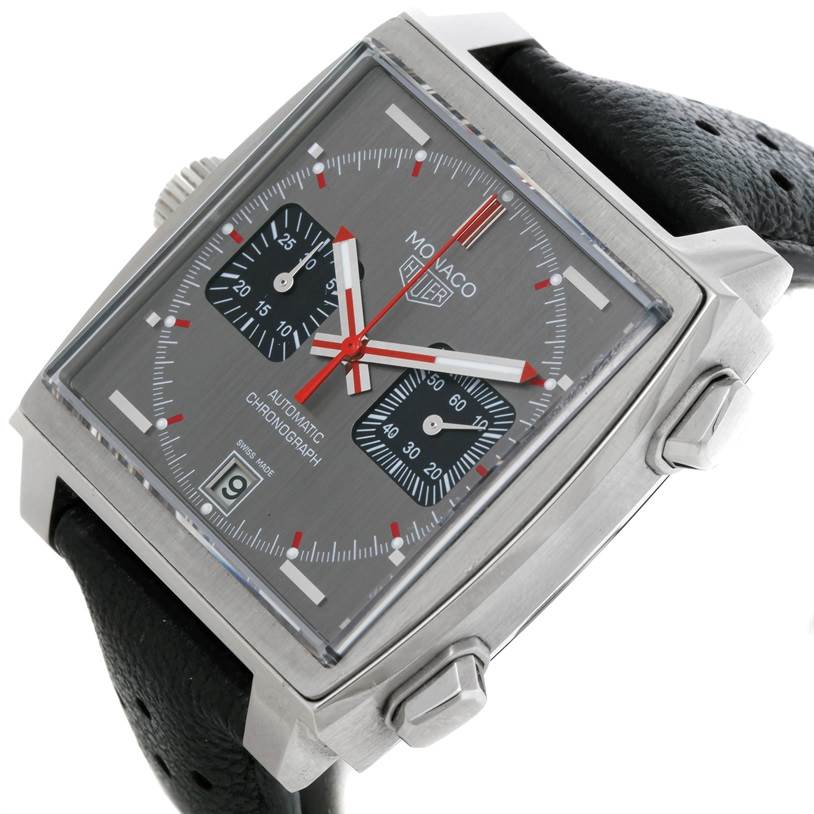 This image displays a Limited Edition Tag Heuer Monaco watch, showcasing its square case, dial, subdials, and crown from an oblique angle.
