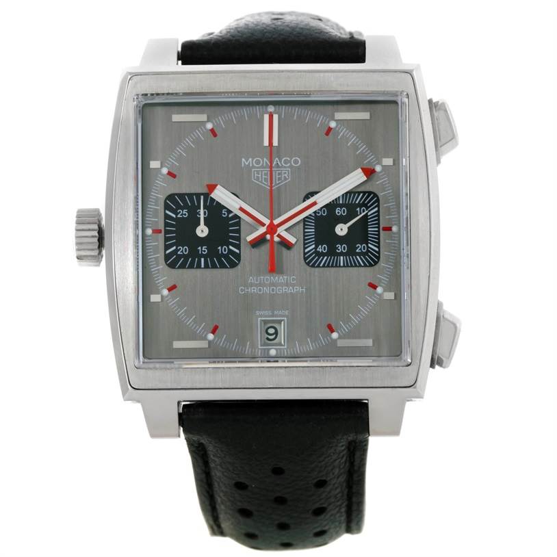 The image shows a front view of the Tag Heuer Monaco Limited Edition watch, highlighting its square dial and black leather strap.
