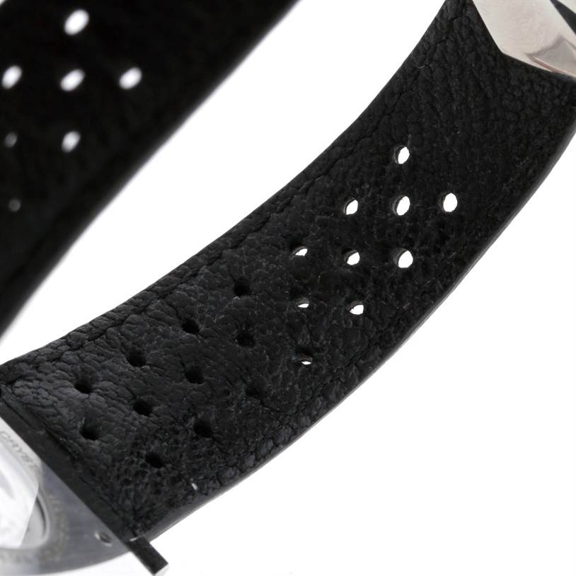 This close-up image shows the perforated black leather strap of the Tag Heuer Limited Edition CAW211B Men's Stainless Steel Grey Dial CAW211B Men's Stainless Steel Grey Dial model.