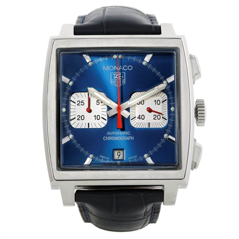 The image shows a frontal view of the Tag Heuer Monaco CW2113 Men
s Stainless Steel Blue Dial CW2113 Men
s Stainless Steel Blue Dial watch, highlighting its blue dial, chronograph subdials, and date window.
