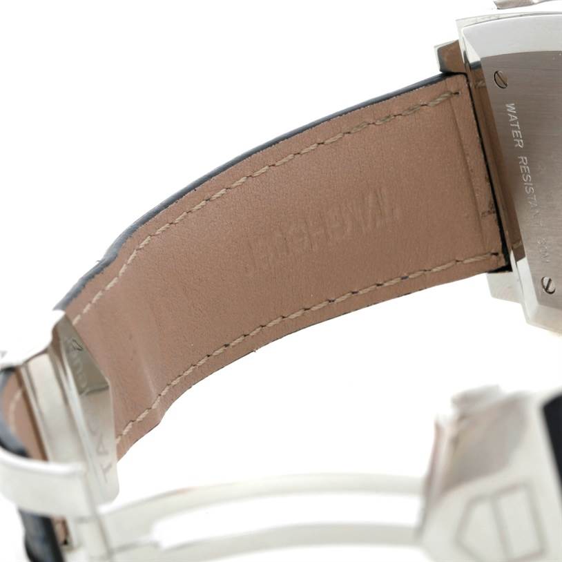 The image shows a close-up of the leather strap and clasp of a Tag Heuer Monaco CW2113 Men
s Stainless Steel Blue Dial CW2113 Men
s Stainless Steel Blue Dial watch.