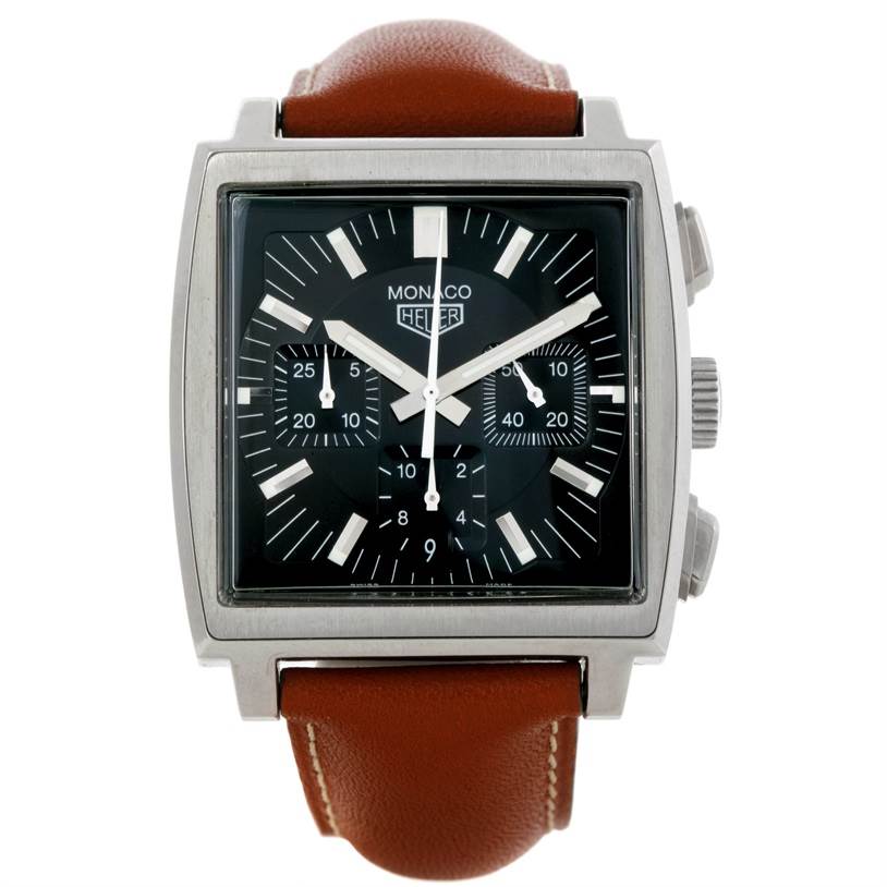This image shows a front view of a Tag Heuer Monaco CS2111 Men's Stainless Steel Black Dial CS2111 Men's Stainless Steel Black Dial model watch with a brown leather strap.