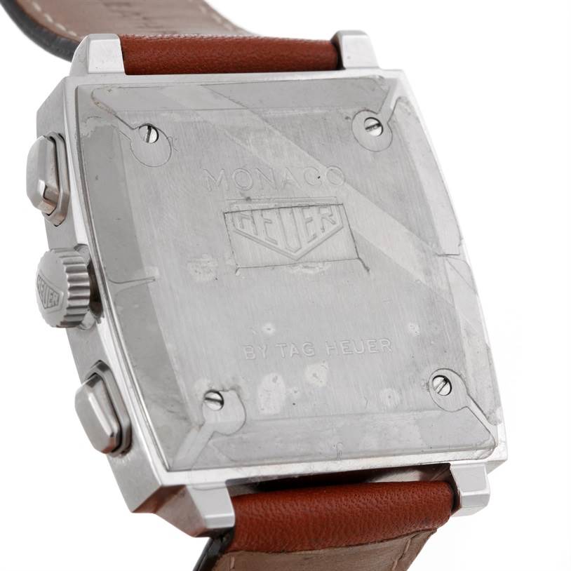 This image shows the back view of a Tag Heuer Monaco CS2111 Men's Stainless Steel Black Dial CS2111 Men's Stainless Steel Black Dial watch, highlighting the case back, crown, buttons, and leather strap.