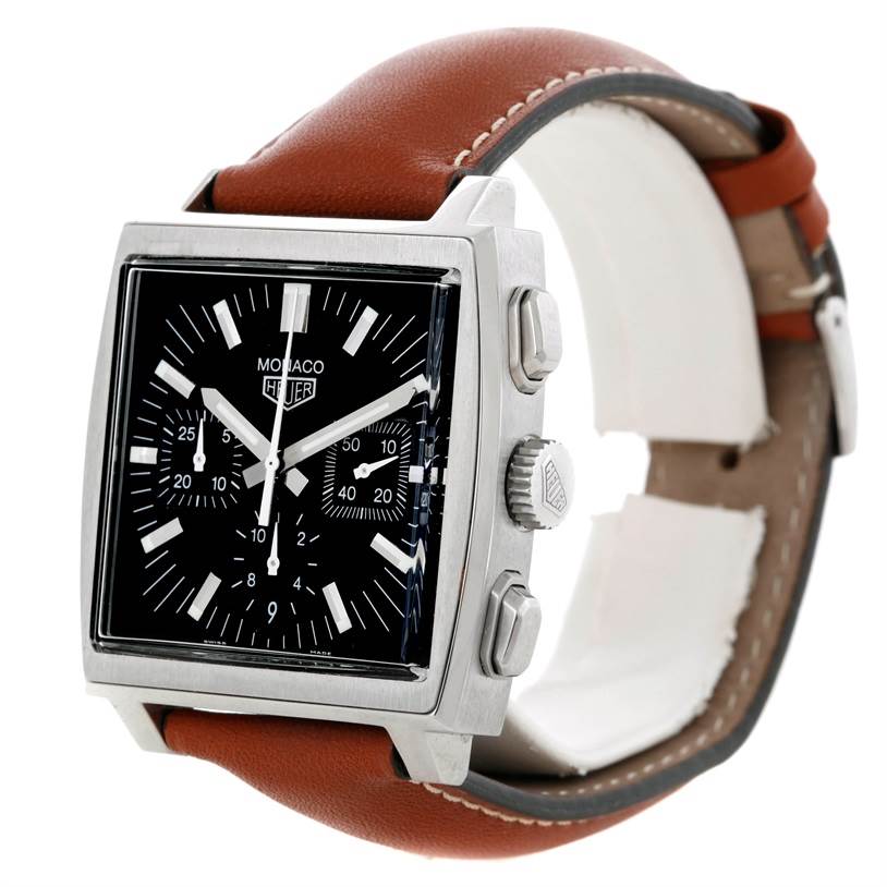 The image shows a side and partial front view of the Tag Heuer Monaco CS2111 Men's Stainless Steel Black Dial CS2111 Men's Stainless Steel Black Dial watch, highlighting the case, dial, and brown leather strap.
