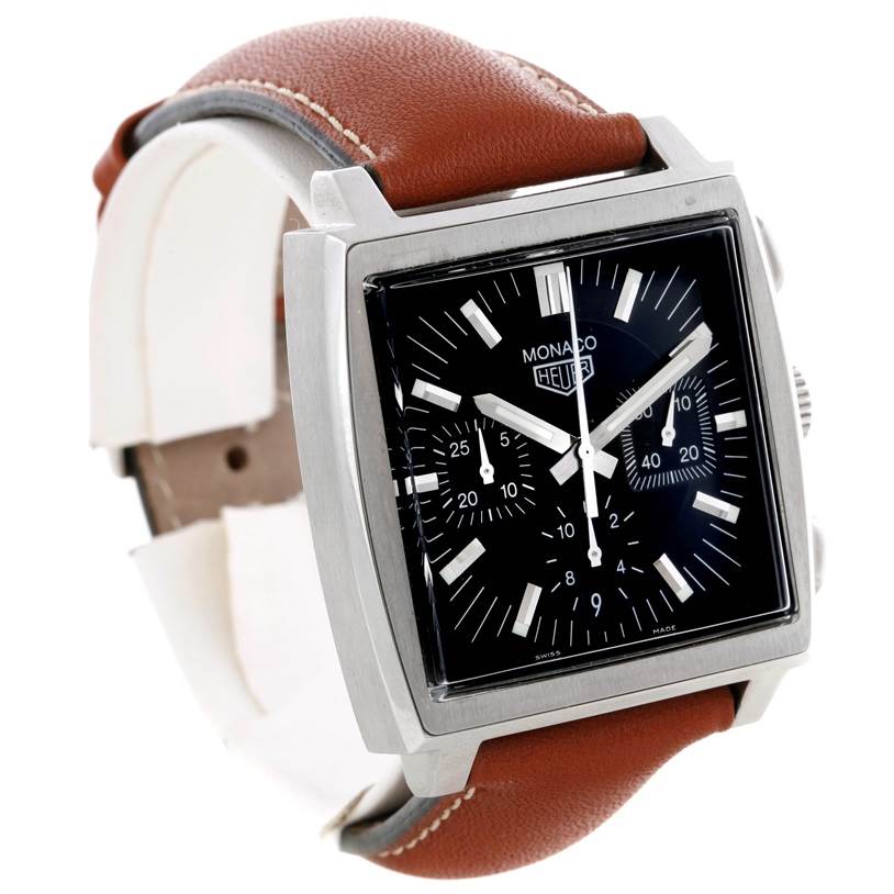 The image shows a Tag Heuer Monaco CS2111 Men's Stainless Steel Black Dial CS2111 Men's Stainless Steel Black Dial watch at a slight angle, highlighting its square dial, chronograph subdials, and brown leather strap.