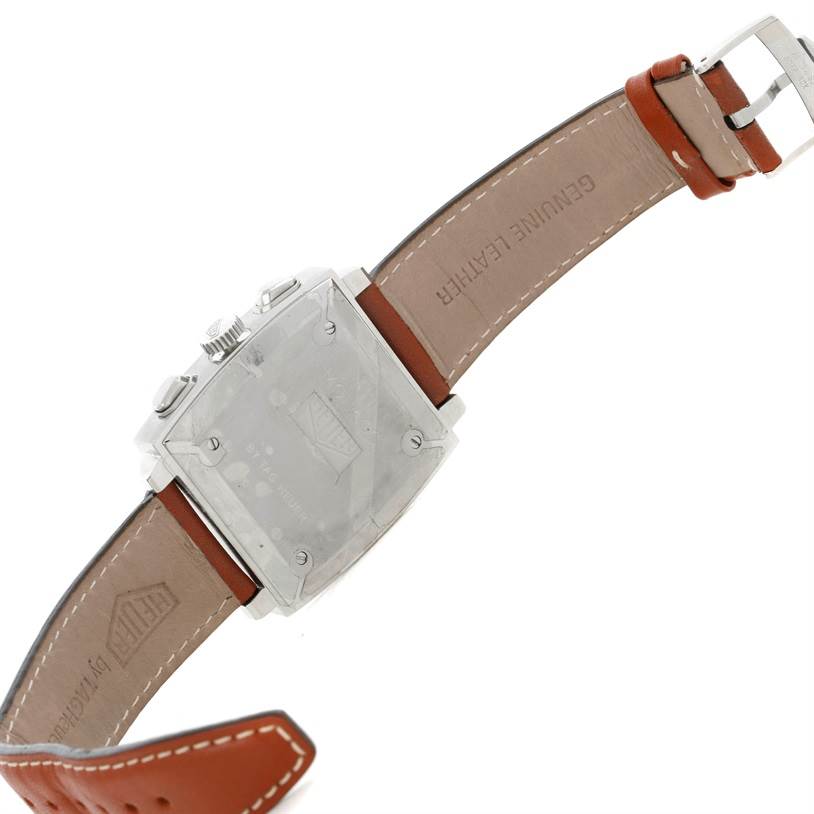 The image shows the back and strap of a Tag Heuer Monaco CS2111 Men's Stainless Steel Black Dial CS2111 Men's Stainless Steel Black Dial watch, highlighting its genuine leather band and buckle.