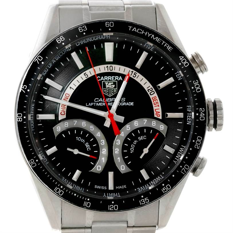 This image shows a front view of a Tag Heuer Carrera CV7A10 Men's Stainless Steel Black Dial CV7A10 Men's Stainless Steel Black Dial watch model, displaying its face and dials clearly.