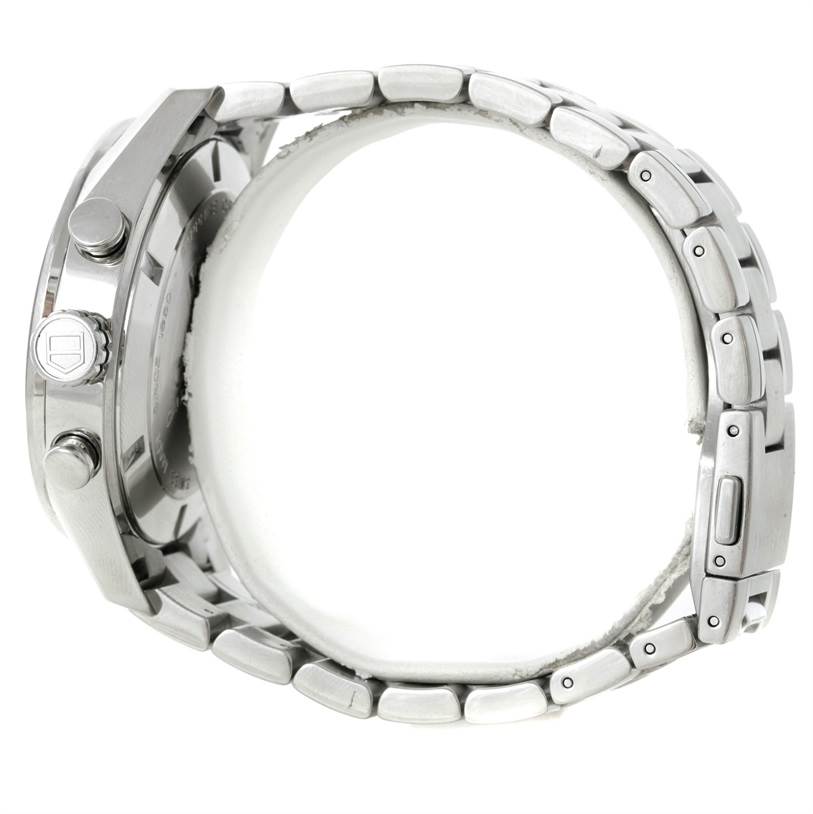 The image shows a side view of a Tag Heuer Carrera CV7A10 Men's Stainless Steel Black Dial CV7A10 Men's Stainless Steel Black Dial watch, highlighting the case, crown, pushers, and metal bracelet.