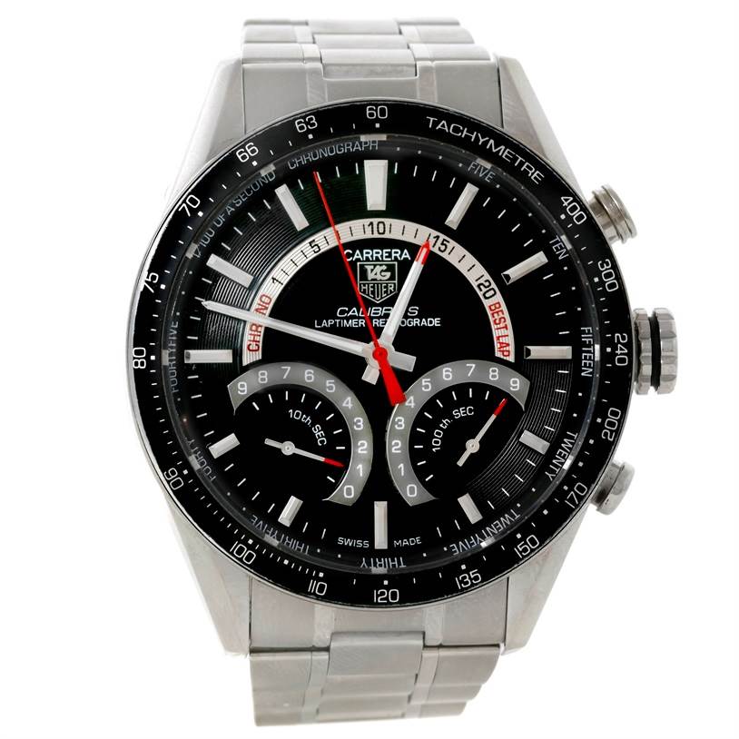 The Tag Heuer Carrera CV7A10 Men's Stainless Steel Black Dial CV7A10 Men's Stainless Steel Black Dial watch is shown from the front, highlighting its dial, chronograph sub-dials, and tachymeter bezel.
