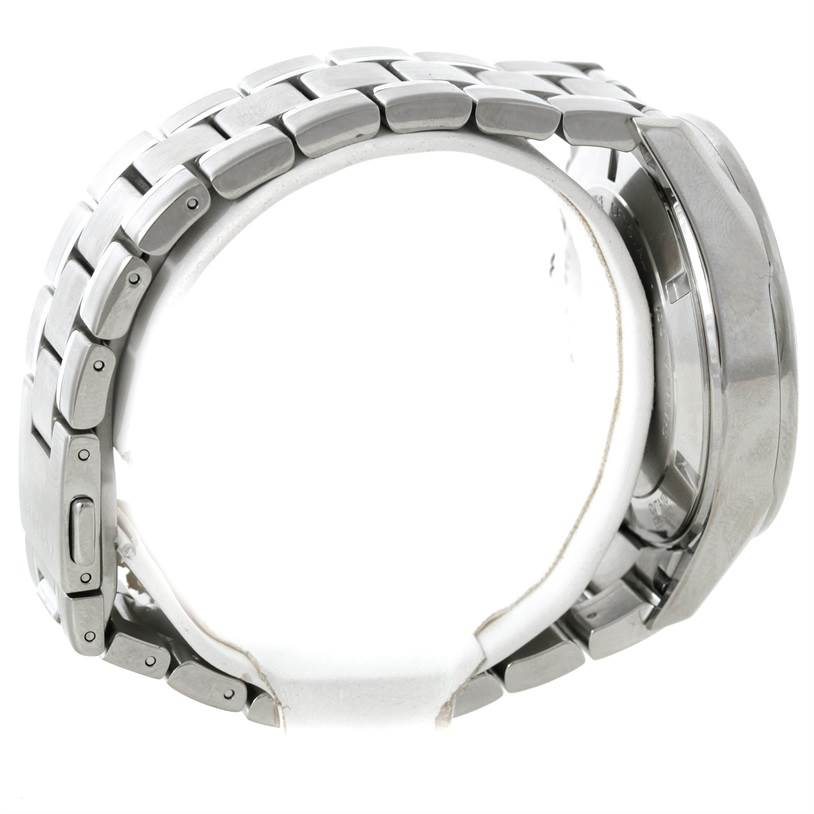 The image shows a side view of the Tag Heuer Carrera CV7A10 Men's Stainless Steel Black Dial CV7A10 Men's Stainless Steel Black Dial watch, focusing on its metal bracelet and part of the case.