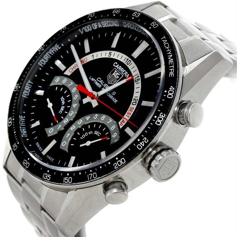 The image shows a close-up, angled view of the Tag Heuer Carrera CV7A10 Men's Stainless Steel Black Dial CV7A10 Men's Stainless Steel Black Dial watch, highlighting the face, bezel, and side buttons.