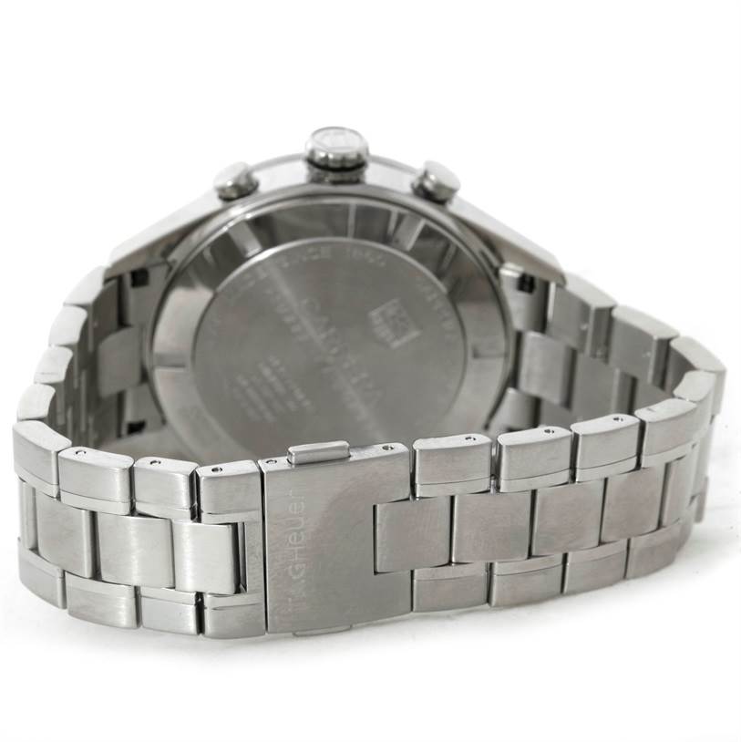 The image shows the back and clasp of a Tag Heuer Carrera CV7A10 Men's Stainless Steel Black Dial CV7A10 Men's Stainless Steel Black Dial watch, highlighting the stainless steel bracelet.