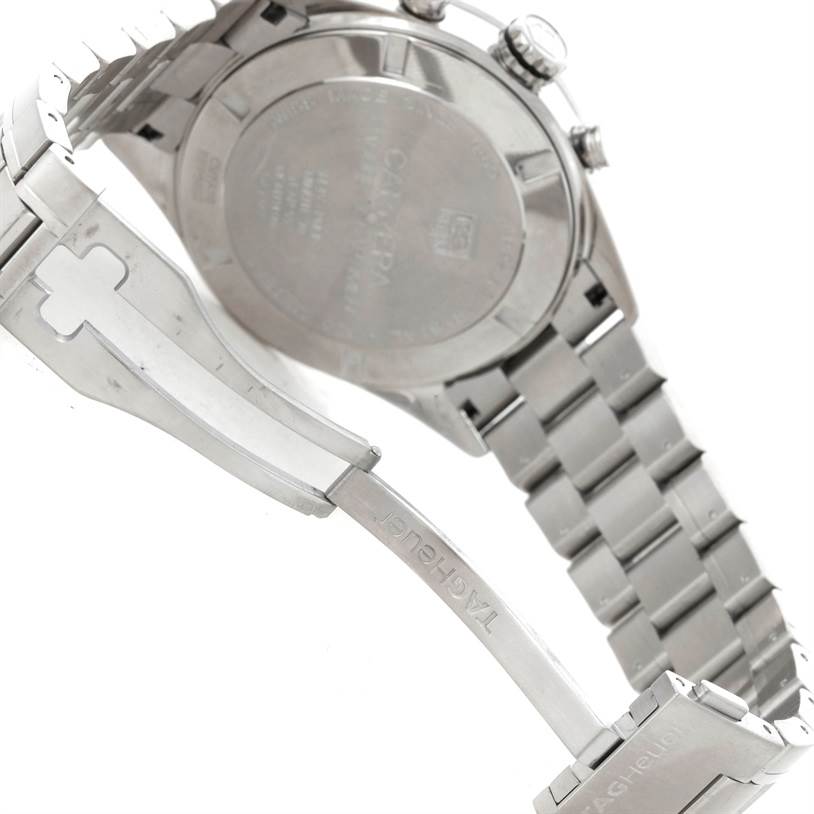 The image shows the back case and the bracelet strap of a Tag Heuer Carrera CV7A10 Men's Stainless Steel Black Dial CV7A10 Men's Stainless Steel Black Dial watch from an angled view.