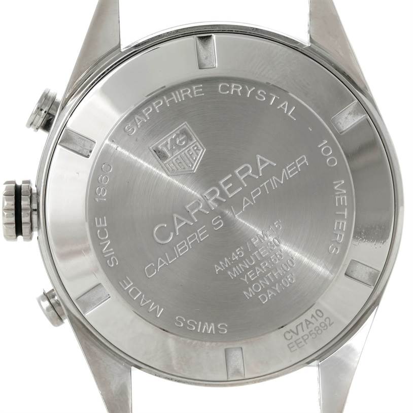 The image shows the back case and crown of the Tag Heuer Carrera CV7A10 Men's Stainless Steel Black Dial CV7A10 Men's Stainless Steel Black Dial watch, detailing its features and specifications.