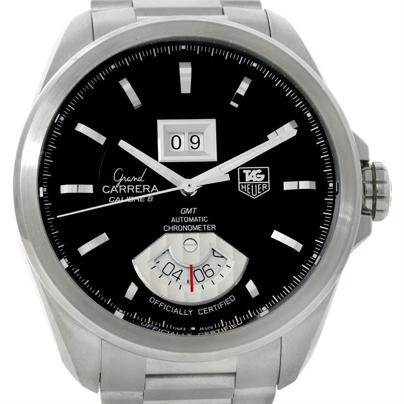 The image shows a front view of a Tag Heuer Carrera WAV5111 Men
s Stainless Steel Black Dial WAV5111 Men
s Stainless Steel Black Dial Grand Calibre 8 watch, displaying its black dial and date window.