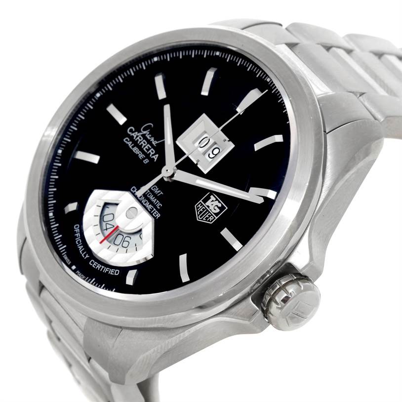 The image shows a close-up of the face and side of the Tag Heuer Carrera WAV5111 Men
s Stainless Steel Black Dial WAV5111 Men
s Stainless Steel Black Dial Calibre 8, highlighting its crown, dial, and stainless steel bracelet.