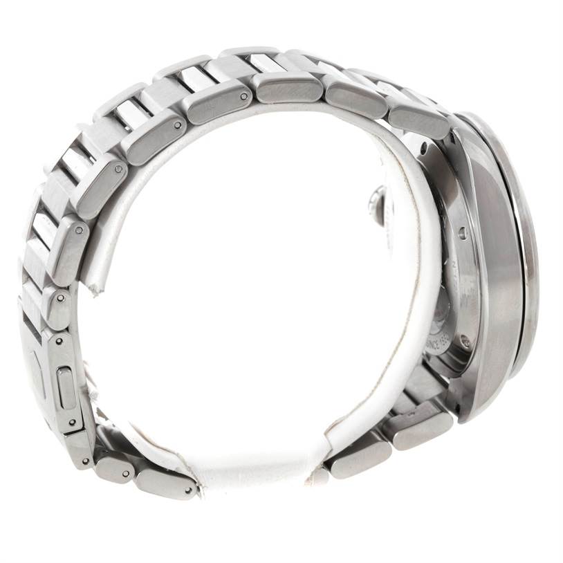 The image shows a side view of the Tag Heuer Carrera WAV5111 Men
s Stainless Steel Black Dial WAV5111 Men
s Stainless Steel Black Dial watch, focusing on the metal bracelet and part of the watch case.