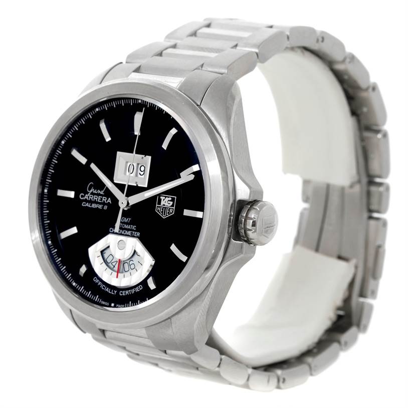 The image shows a Tag Heuer Carrera WAV5111 Men
s Stainless Steel Black Dial WAV5111 Men
s Stainless Steel Black Dial watch at a three-quarter angle, highlighting the dial, crown, and bracelet.