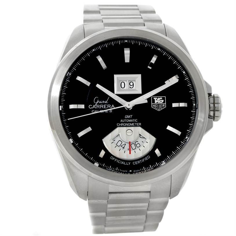 The image shows a Tag Heuer Carrera WAV5111 Men
s Stainless Steel Black Dial WAV5111 Men
s Stainless Steel Black Dial watch face and bracelet at a front angle.