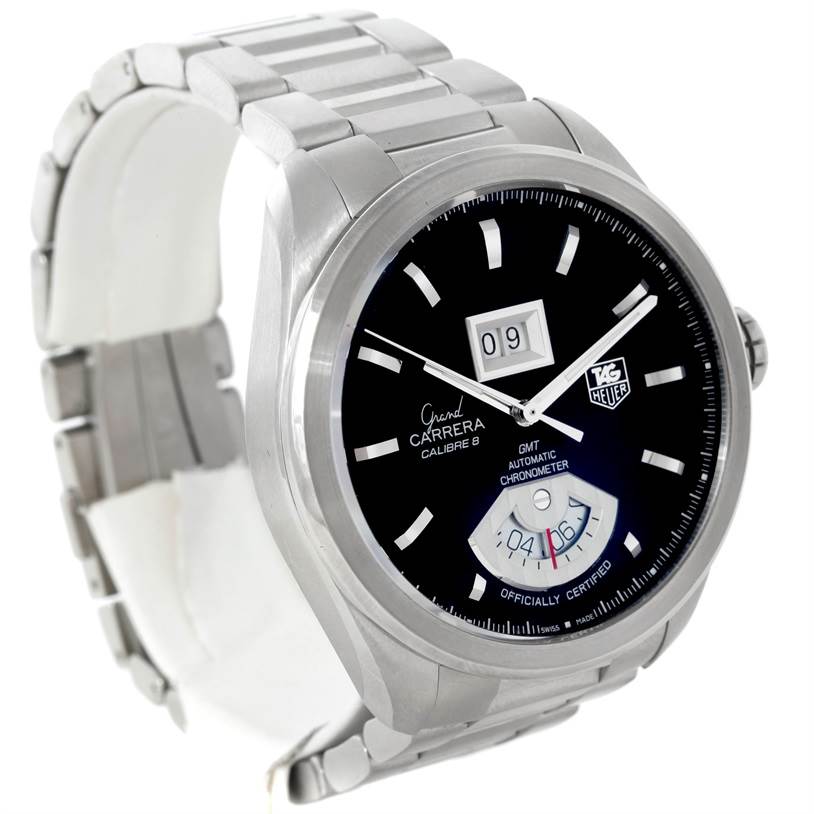 This image shows a Tag Heuer Carrera WAV5111 Men
s Stainless Steel Black Dial WAV5111 Men
s Stainless Steel Black Dial watch at a left front angle, displaying the face, bracelet, and side profile.