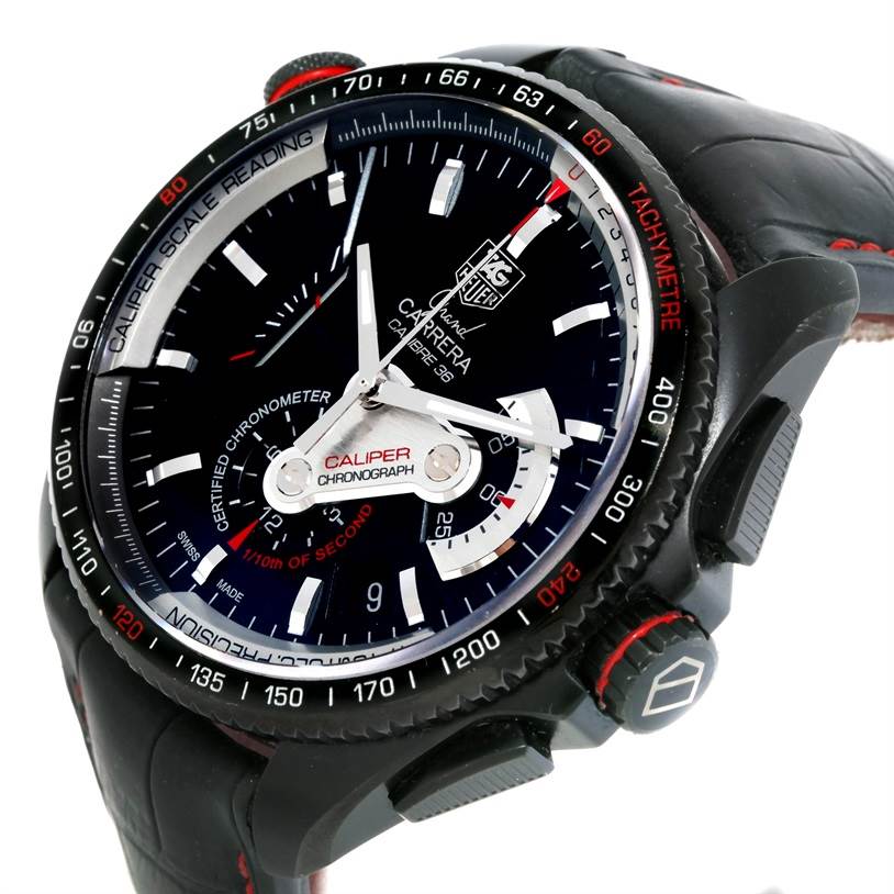 The image shows a Tag Heuer Carrera CAV5185.FC6237 Men's Titanium Black Dial CAV5185.FC6237 Men's Titanium Black Dial watch at an angle, highlighting the dial, strap, and tachymeter bezel.