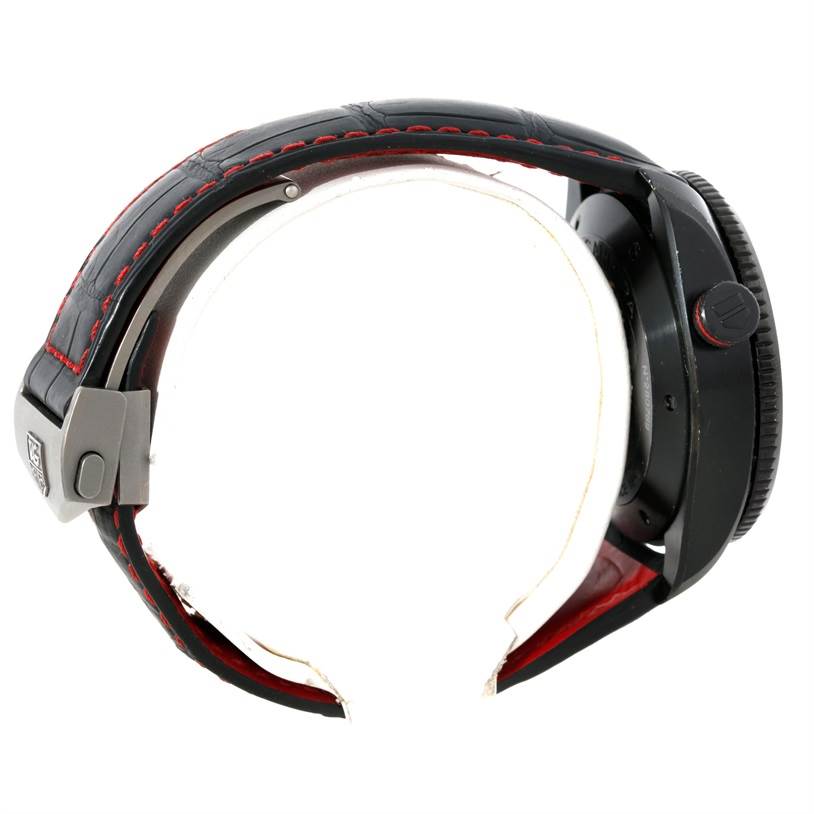 This image shows the Tag Heuer Carrera CAV5185.FC6237 Men's Titanium Black Dial CAV5185.FC6237 Men's Titanium Black Dial model watch from a side profile, including the strap and part of the case.