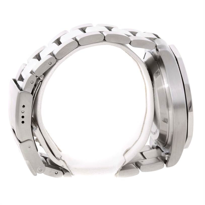 The image shows a side view of the Tag Heuer Aquaracer CAF7111.BA0803 Men's Stainless Steel Black Dial CAF7111.BA0803 Men's Stainless Steel Black Dial, focusing on the metal bracelet and the watch case's thickness and detailing.