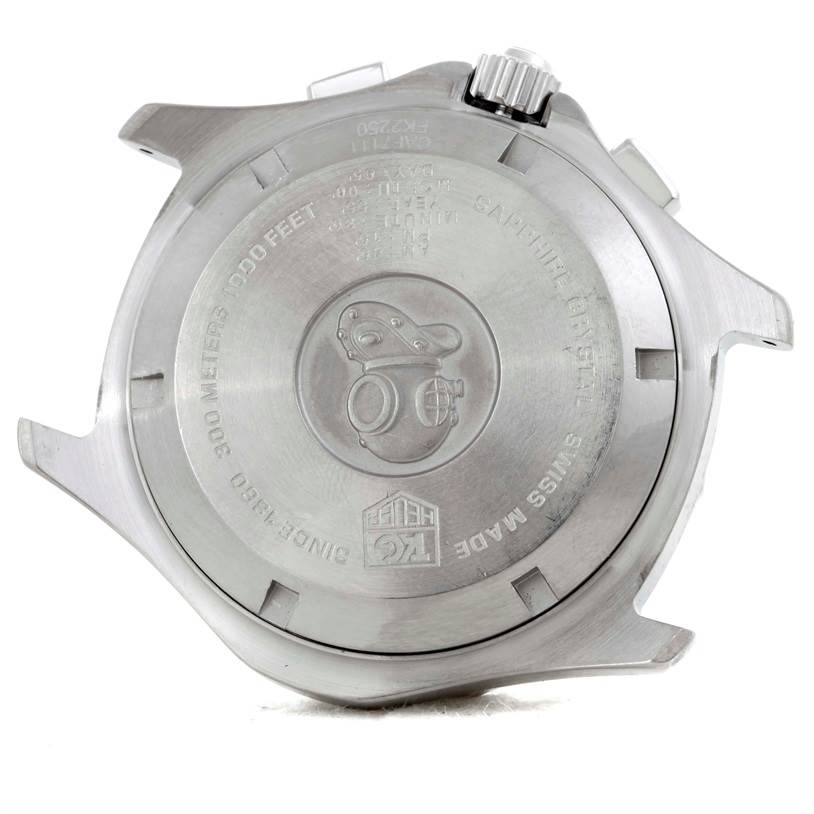 This image shows the case back of the Tag Heuer Aquaracer CAF7111.BA0803 Men's Stainless Steel Black Dial CAF7111.BA0803 Men's Stainless Steel Black Dial watch, highlighting its engraved details and water resistance rating.