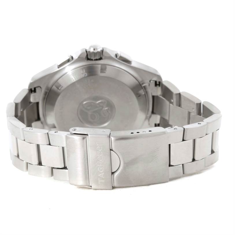 This image shows the back view of the Tag Heuer Aquaracer CAF7111.BA0803 Men's Stainless Steel Black Dial CAF7111.BA0803 Men's Stainless Steel Black Dial watch, focusing on the case back and metal bracelet clasp.