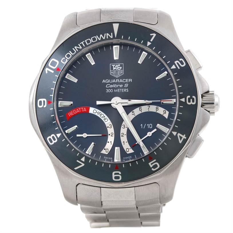 The image shows a frontal view of a Tag Heuer Aquaracer CAF7111.BA0803 Men's Stainless Steel Black Dial CAF7111.BA0803 Men's Stainless Steel Black Dial watch, highlighting its face, bezel, and metal bracelet.